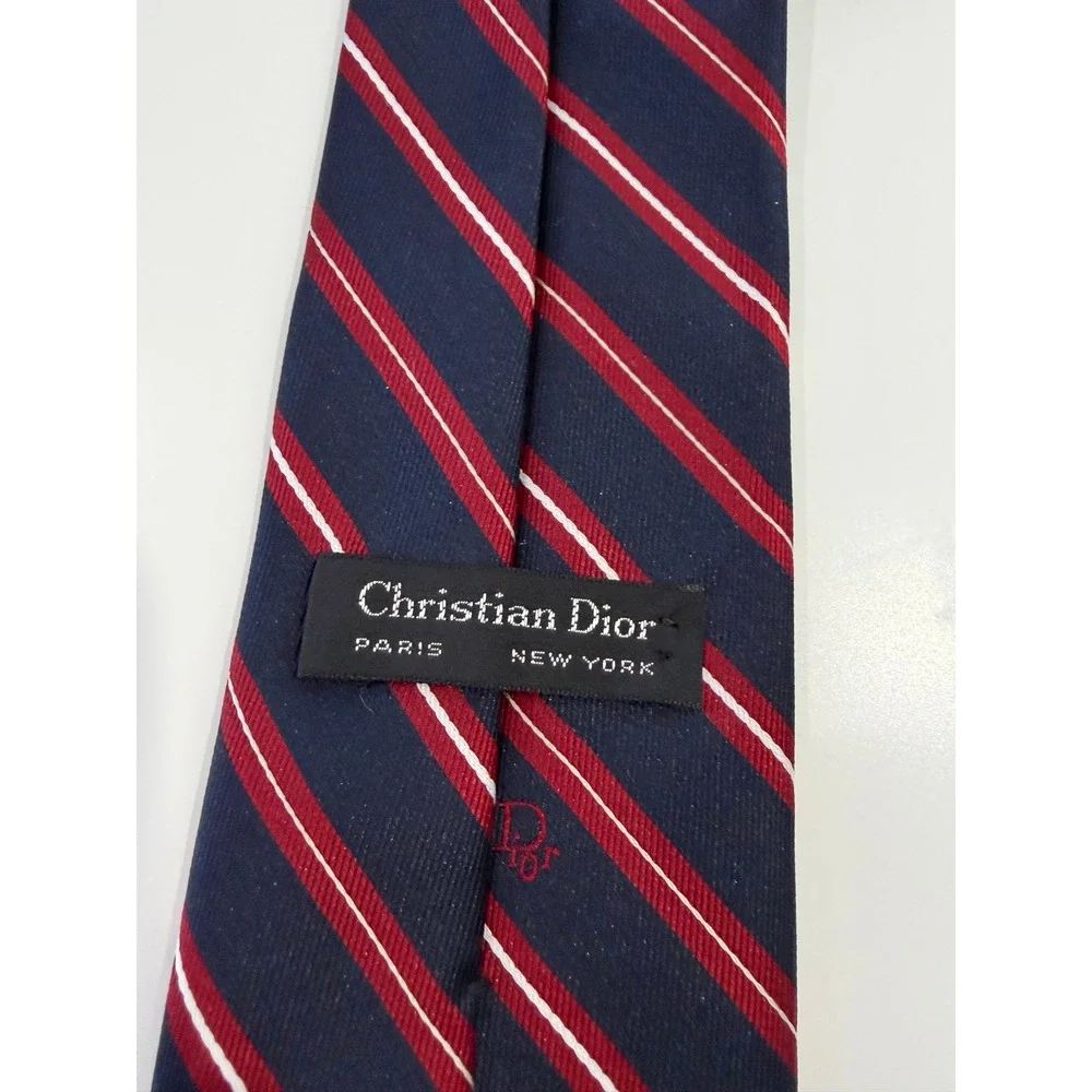 Christian Dior Tie Navy Blue Red White Striped Logo Mens
